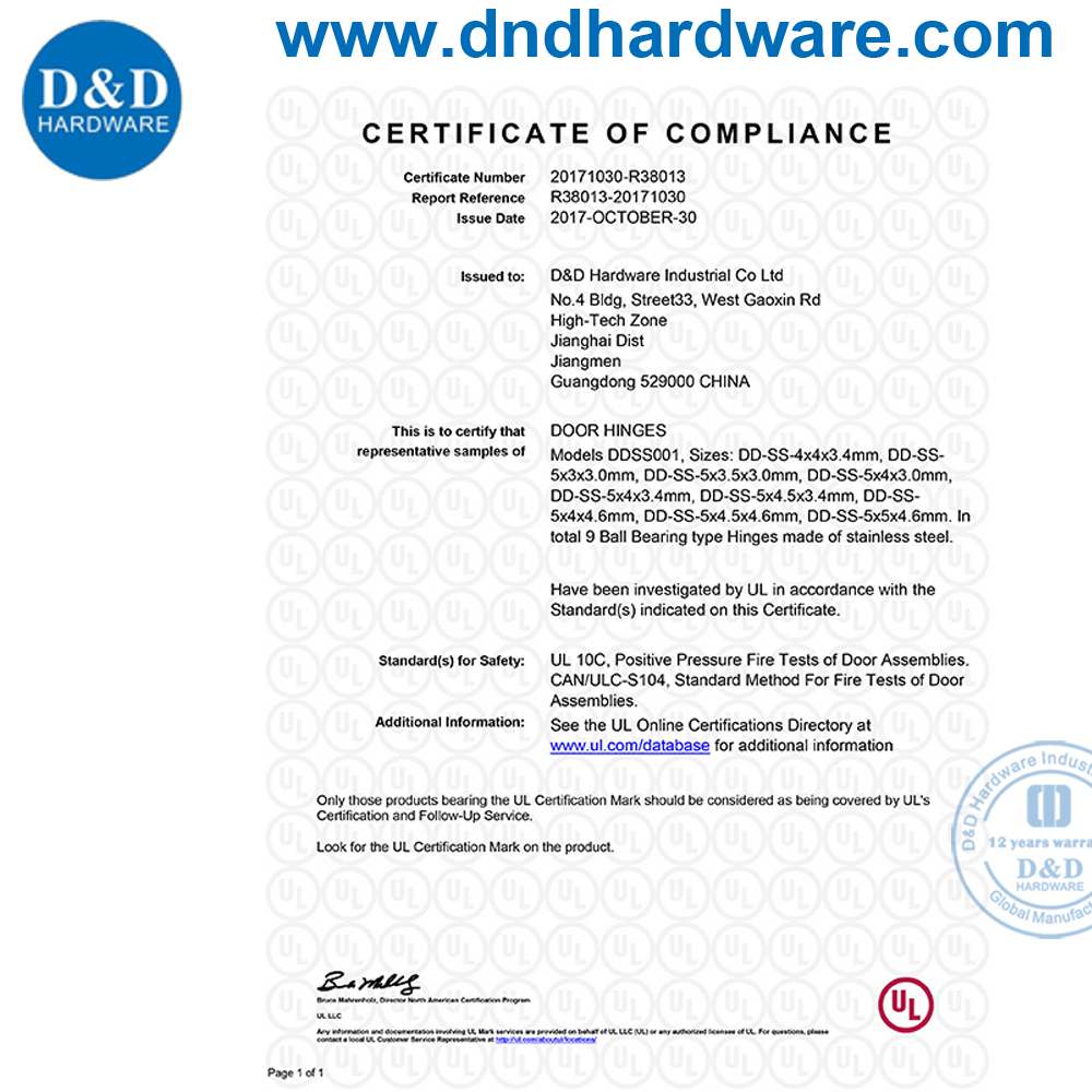 ANSI / BHMA GRADE 1 Heavy Duty 4 BB Hinge with UL Firerated For Metal