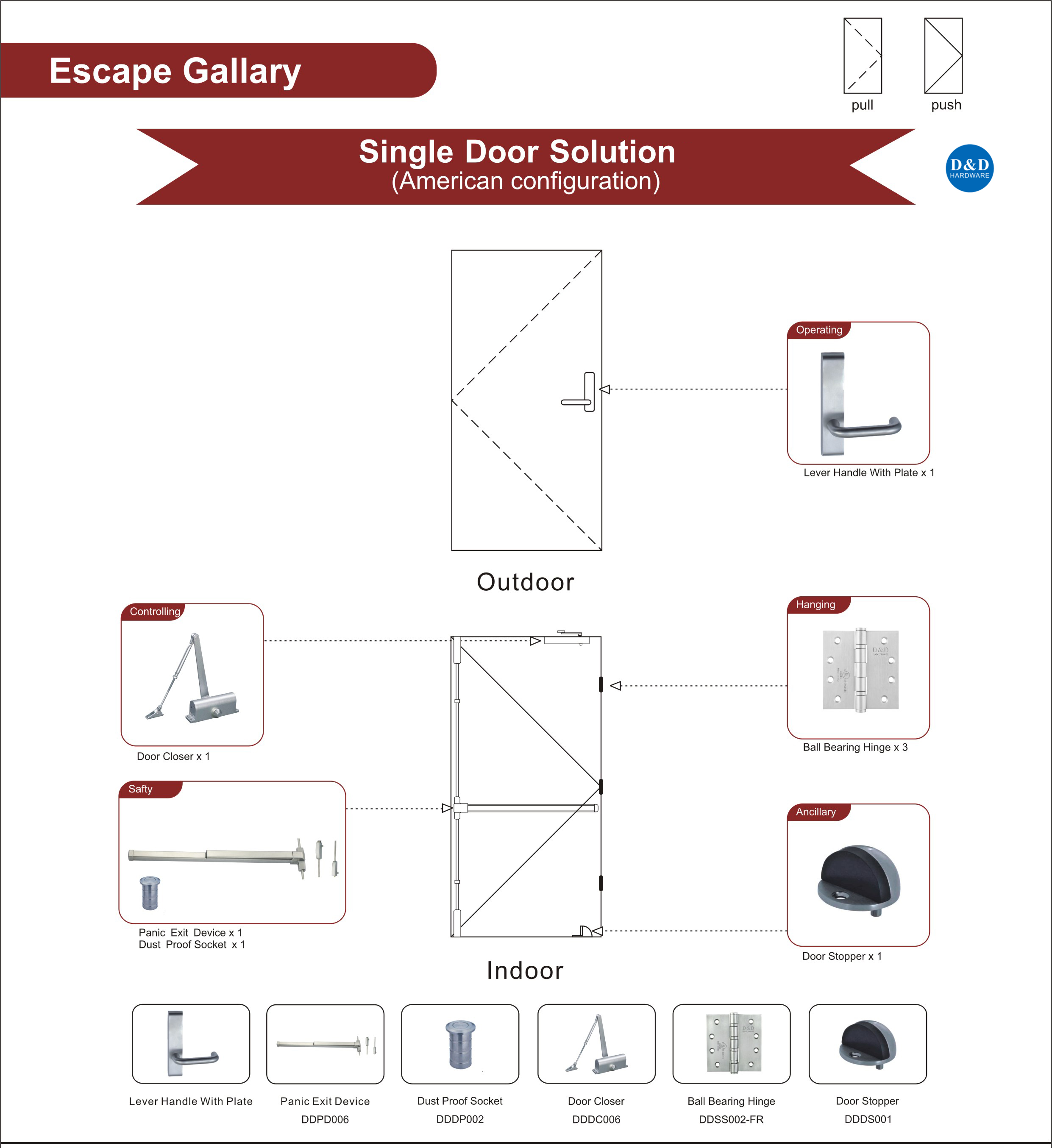 Fire Rated Steel Door Hardware for Escape Gallery Single Door D&D