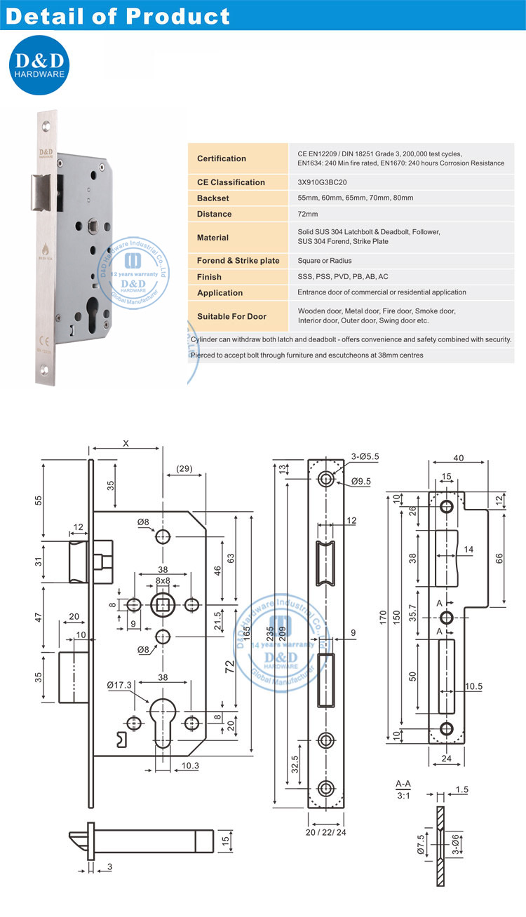 Passage Door Lock EN12209 Fire Rated Latch Bolt Lock for Internal Door