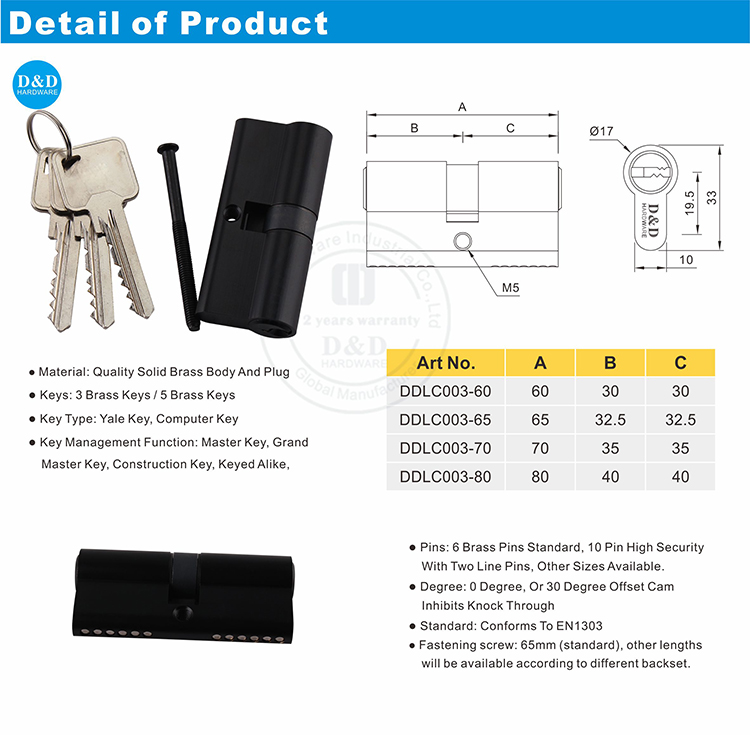 High Security EN1303 Matte Black Wooden Door Lock CylinderDDLC003 from