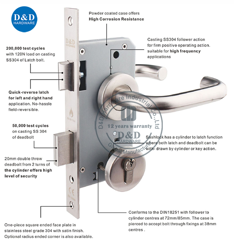 Building Hardware EN12209 Fire Door Lock SUS304 Bathroom Door Locks for Hotel DDML012 from China